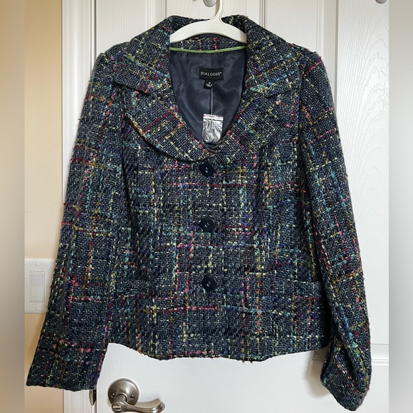 Navy Blue, Multi-Plaid Textured Tweed Retro Blazer/Jacket w/ portrait collar. - Picture 1 of 13